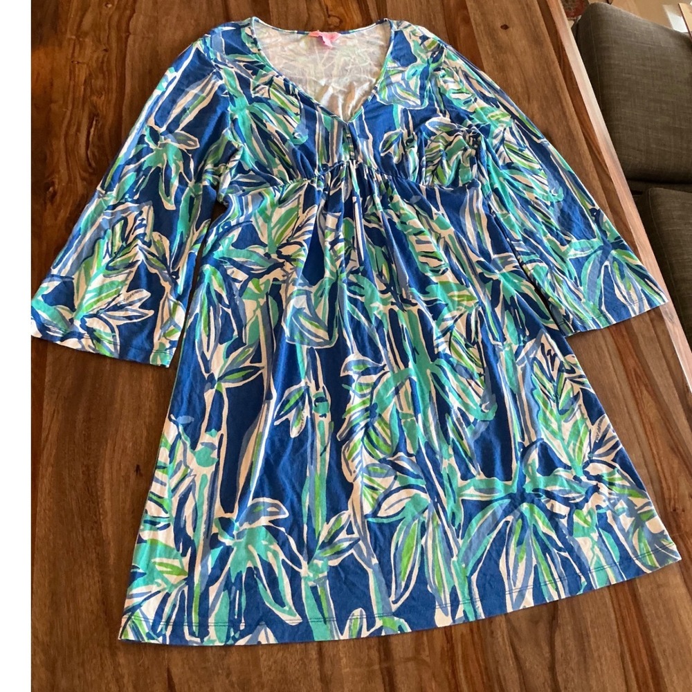 Lilly Pulitzer Renata Tunic Dress L Blue Tropical Palm Print Long Sleeve V Neck - Picture 6 of 9